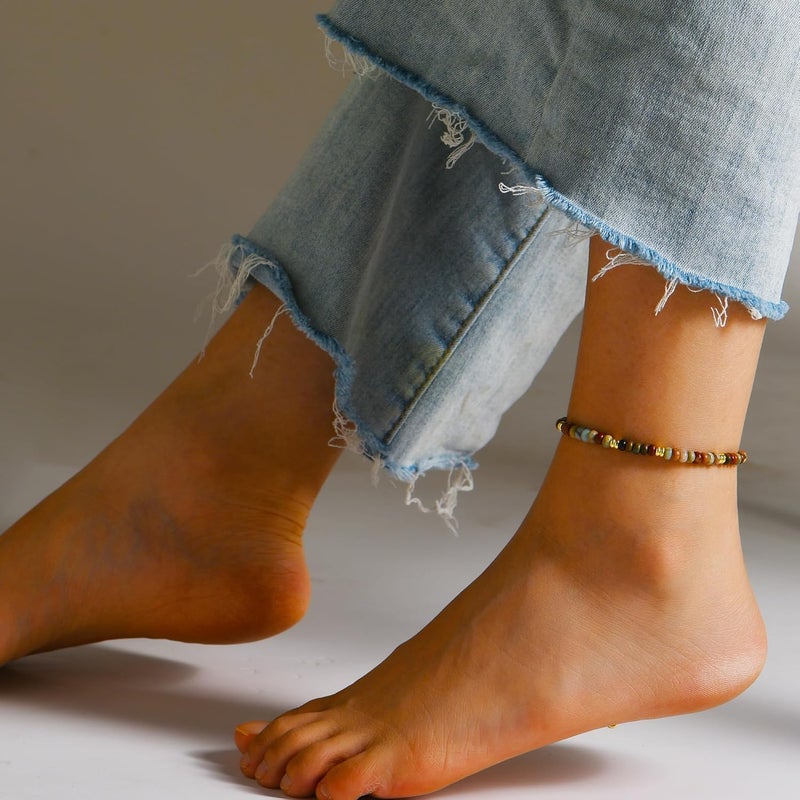 Wremily Natural Stone Beaded Anklets Bracelets for Women Handmade Beaded Anklet Bracelet Waterproof Boho Beads Ankle Bracelet Adjustable Summer Jewelry - Image 2